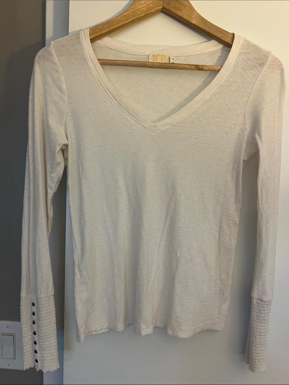 Nation LTD Cream V-Neck Long Sleeve Tee with Smocked Cuffs